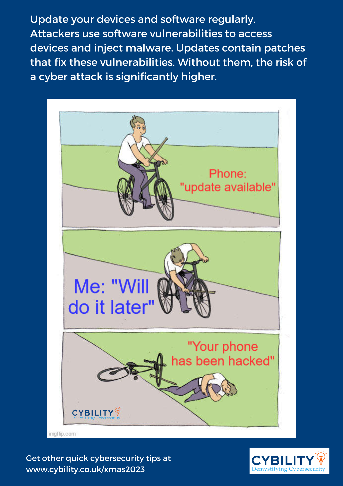 A meme called *update utopia* advising on cybersecurity shows a person cycling, ignoring an *update available* phone alert, then falling as the phone says *has been hacked*, underscoring prompt updates' necessity.