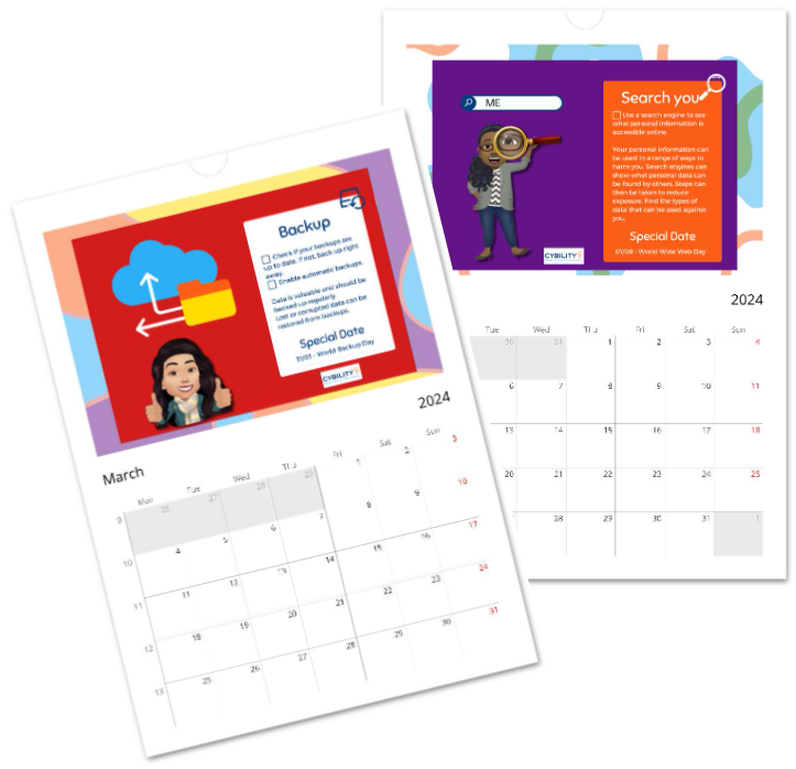 Image of the inside of our cybersecurity awareness Cyber Toon Tips Wall Calendar showing examples of a couple of months with tips on the top half and calendar on the bottom