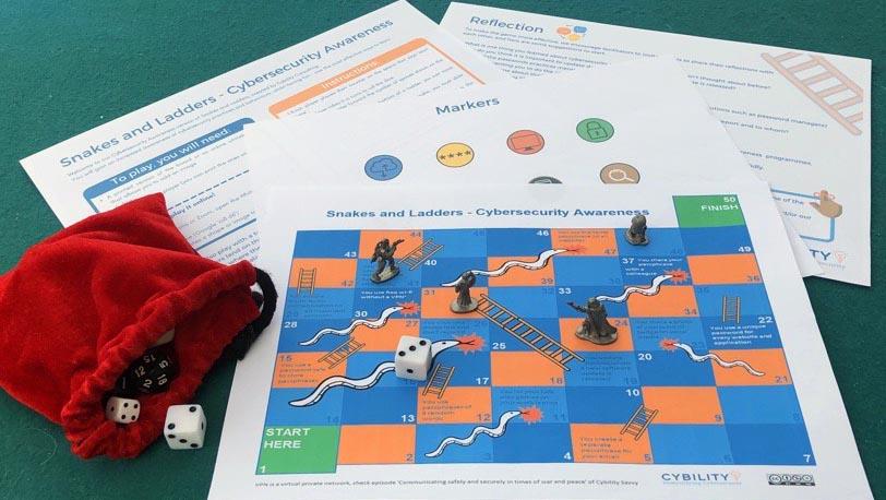 Photo of snakes and ladders board in blue and orange. There is a red velvet dicebag to the left with dice falling out of it. Behind the board are copies of the game instructions and facilitator notes.