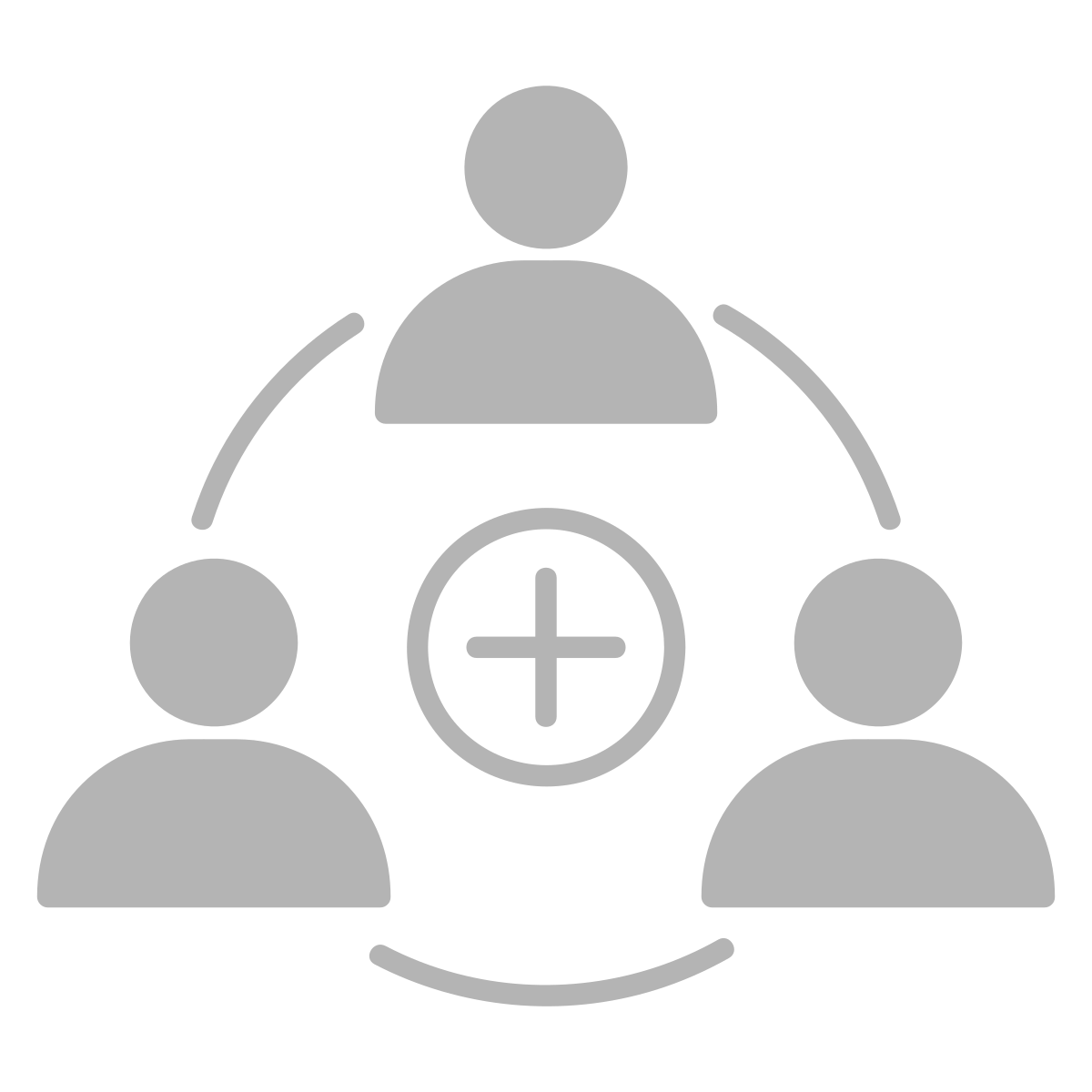 Icon showing the heads and shoulders of 3 people with curved lines between them to make a complete circle. Thee is a plus sign in the centre.